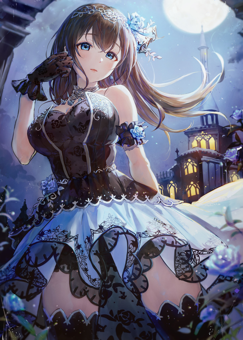 1girl absurdres bangs bare_shoulders black_dress black_gloves black_hair black_legwear blue_eyes blush breasts cleavage diadem dress earrings flower full_moon gloves hair_between_eyes hair_flower hair_ornament highres idolmaster idolmaster_cinderella_girls idolmaster_cinderella_girls_starlight_stage jewelry large_breasts long_hair looking_at_viewer moon necklace night night_sky parted_lips pendant sagisawa_fumika sky takeashiro thighhighs thighs