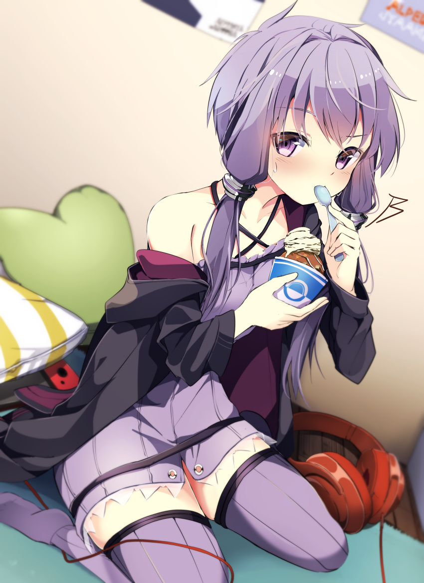 1girl absurdres bare_shoulders black_jacket blurry blurry_background collarbone commentary criss-cross_halter dress dutch_angle eating food hair_tubes halterneck headphones heart heart_pillow highres holding holding_spoon hood hooded_jacket ice_cream ice_cream_cup indoors jacket jacket_removed looking_at_viewer pillow purple_dress purple_eyes purple_hair purple_legwear raised_eyebrow rasu_(mtn) room seiza short_hair_with_long_locks sidelocks sitting solo spoon spoon_in_mouth thighhighs vocaloid voiceroid yuzuki_yukari zettai_ryouiki