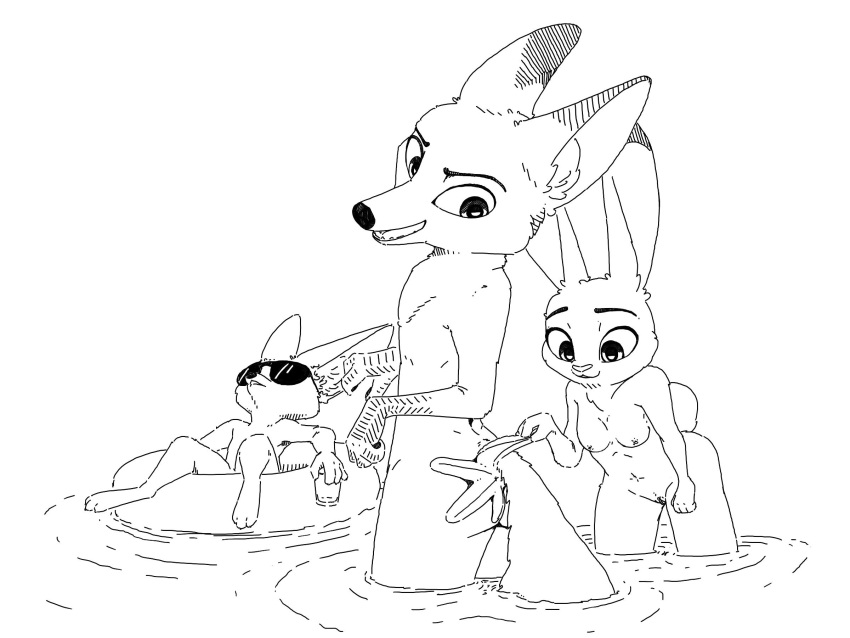 2020 4:3 anthro asterozoan breasts canid canine disney echinoderm eyewear female fennec finnick fox fur genitals group hi_res inktober inktober_2020 judy_hopps judyhopps44 lagomorph leporid male mammal marine monochrome nick_wilde nipples nude partially_submerged pussy rabbit red_fox simple_background smile standing starfish sunglasses water white_background zootopia