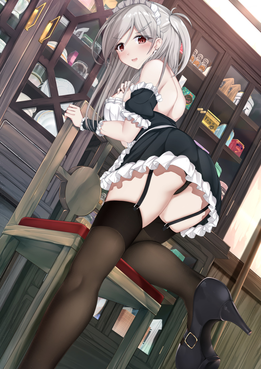 1girl :d absurdres ass bangs bare_shoulders black_legwear blush breasts detached_sleeves dress earrings eyebrows_visible_through_hair garter_straps grey_hair hair_ornament hairclip highres hiragi_ringo indoors jewelry large_breasts long_hair looking_at_viewer looking_back maid maid_headdress one_side_up open_mouth original panties red_eyes sidelocks smile solo thighhighs thighs underwear wrist_cuffs