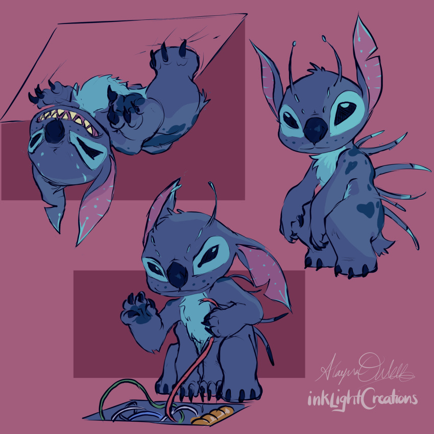 1:1 2020 4_arms 4_fingers alien alternate_color alternate_form antennae_(anatomy) blue_body blue_fur blue_nose blue_pawpads chest_tuft claws disney experiment_(lilo_and_stitch) feral fingers freckles fur hanging_(disambiguation) hi_res inklightcreations lilo_and_stitch looking_at_viewer male male_(lore) multi_arm multi_limb notched_ear one_ear_up pawpads purple_background sharp_teeth simple_background smile smirk spikes stitch_(lilo_and_stitch) teeth toe_claws tuft wire