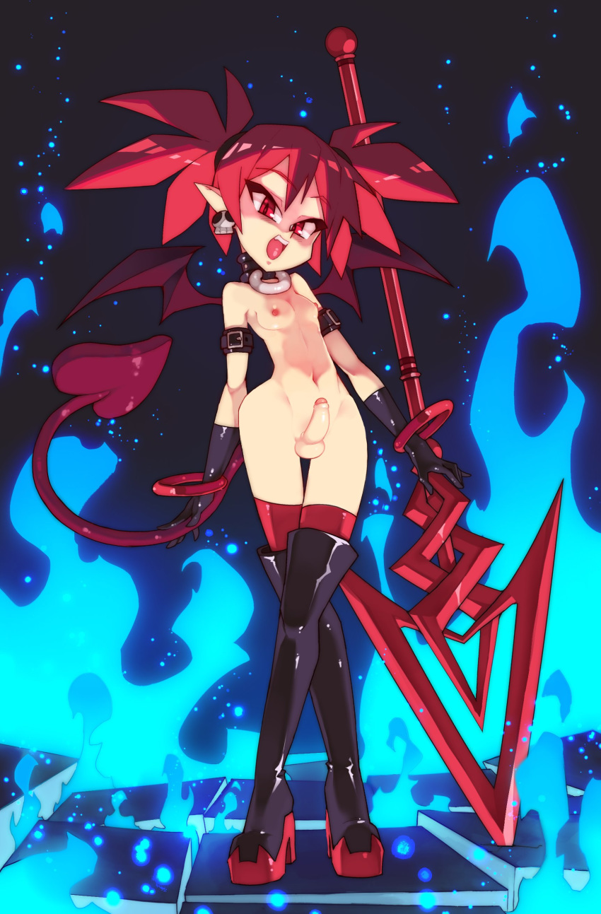 5_fingers absurd_res alternate_version_at_source balls bangle black_background black_boots black_thigh_boots blue_fire boots breasts buckle clothed clothing colored_fire demon disgaea ear_piercing etna_(disgaea) eyebrow_through_hair eyebrows eyelashes_visible_through_hair fingers fire footwear foreskin genitals glistening glistening_body glistening_clothing glistening_hair glistening_skin gloves gynomorph hair handwear hi_res high_heeled_boots humanoid humanoid_pointy_ears intersex jewelry legwear long_hair looking_at_viewer melee_weapon midriff mostly_nude not_furry o-ring o-ring_collar open_mouth penis piercing polearm pupils red_eyebrows red_eyes red_hair red_tail red_thigh_highs red_wings rtil simple_background skull_earrings slim slit_pupils small_breasts solo spade_tail spear standing teeth text thigh_boots thigh_gap thigh_highs tied_hair tongue translucent translucent_hair uncut url video_games weapon wide_hips winged_humanoid wings