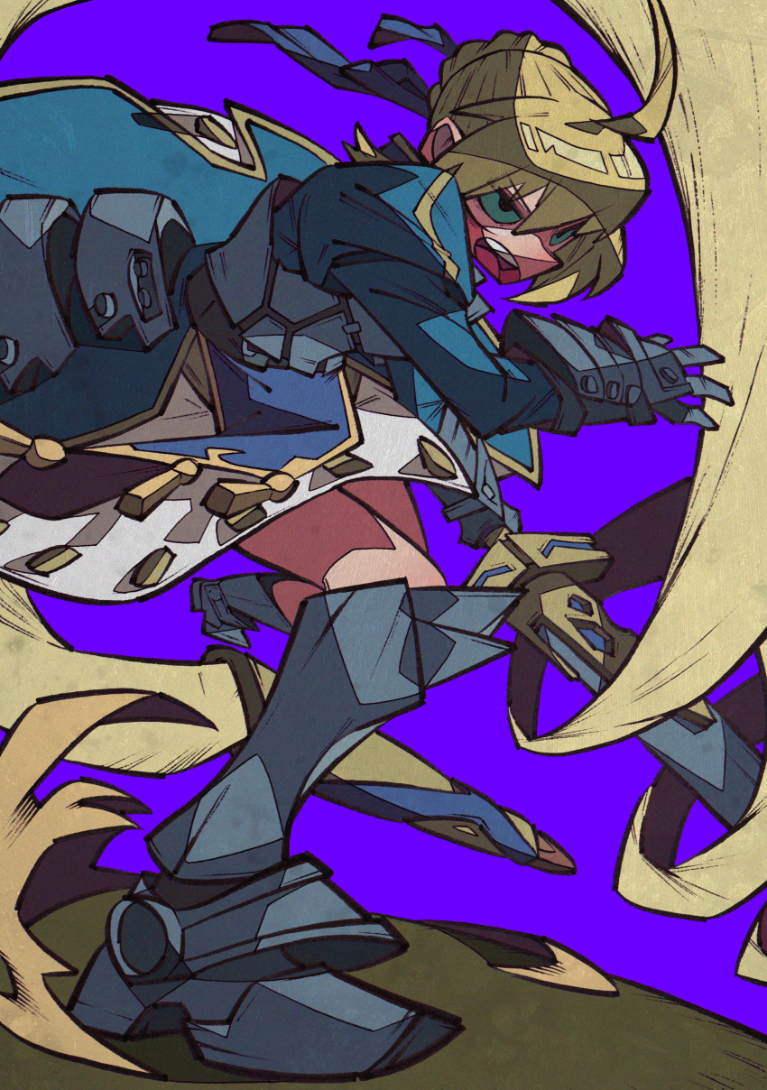 1girl absurdres ahoge aqua_eyes armor armored_boots armored_dress artoria_pendragon_(all) bangs blonde_hair blue_dress blue_ribbon boots braid dress excalibur eyebrows_visible_through_hair fate/stay_night fate_(series) gauntlets hair_between_eyes hair_ribbon highres holding holding_sword holding_weapon huge_filesize juliet_sleeves knee_boots left-handed long_sleeves open_mouth puffy_sleeves purple_background ribbon saber short_hair solo sword teeth weapon yaya_hiyayaka