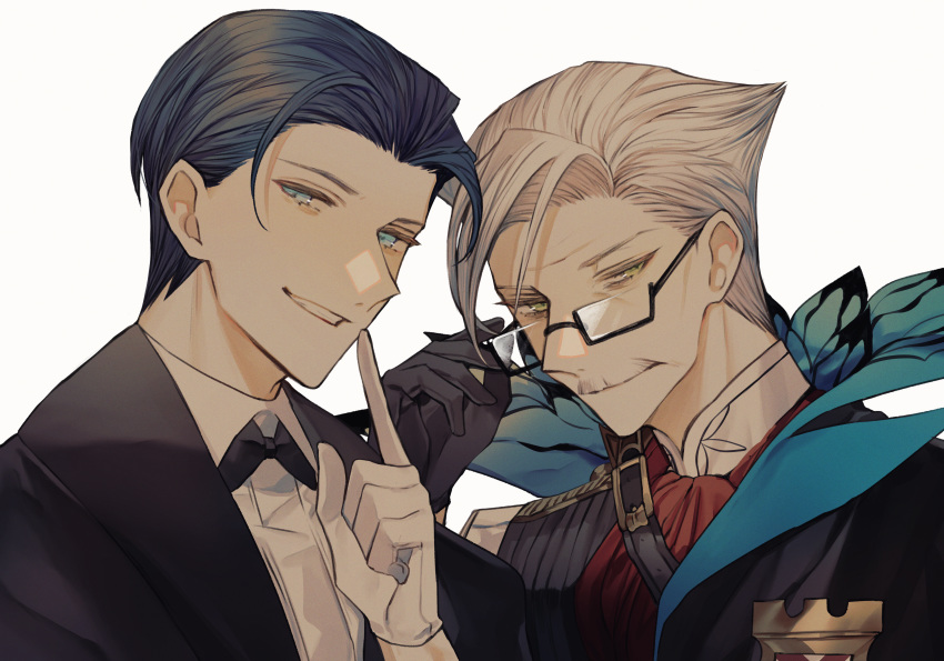 2boys absurdres adjusting_eyewear albino_(a1b1n0623) black_hair blue_eyes bow bowtie bug butterfly collared_shirt facial_hair fate/grand_order fate_(series) finger_to_mouth formal glasses gloves green_eyes grey_hair highres huge_filesize insect james_moriarty_(fate/grand_order) long_sleeves looking_at_viewer male_focus multiple_boys mustache sherlock_shellingford shirt shushing smile upper_body vest