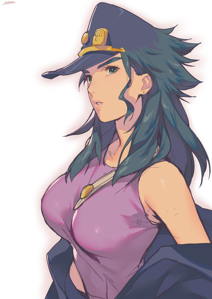 1girl absurdres breasts bright_pupils earrings genderswap genderswap_(mtf) green_eyes green_hair hat hat_pin highres jewelry jojo_no_kimyou_na_bouken kotatsu_(g-rough) kuujou_joutarou large_breasts looking_at_viewer off-shoulder_coat outline parted_lips peaked_cap pink_outline purple_headwear purple_shirt shirt simple_background sleeveless sleeveless_shirt solo stardust_crusaders upper_body white_background white_pupils