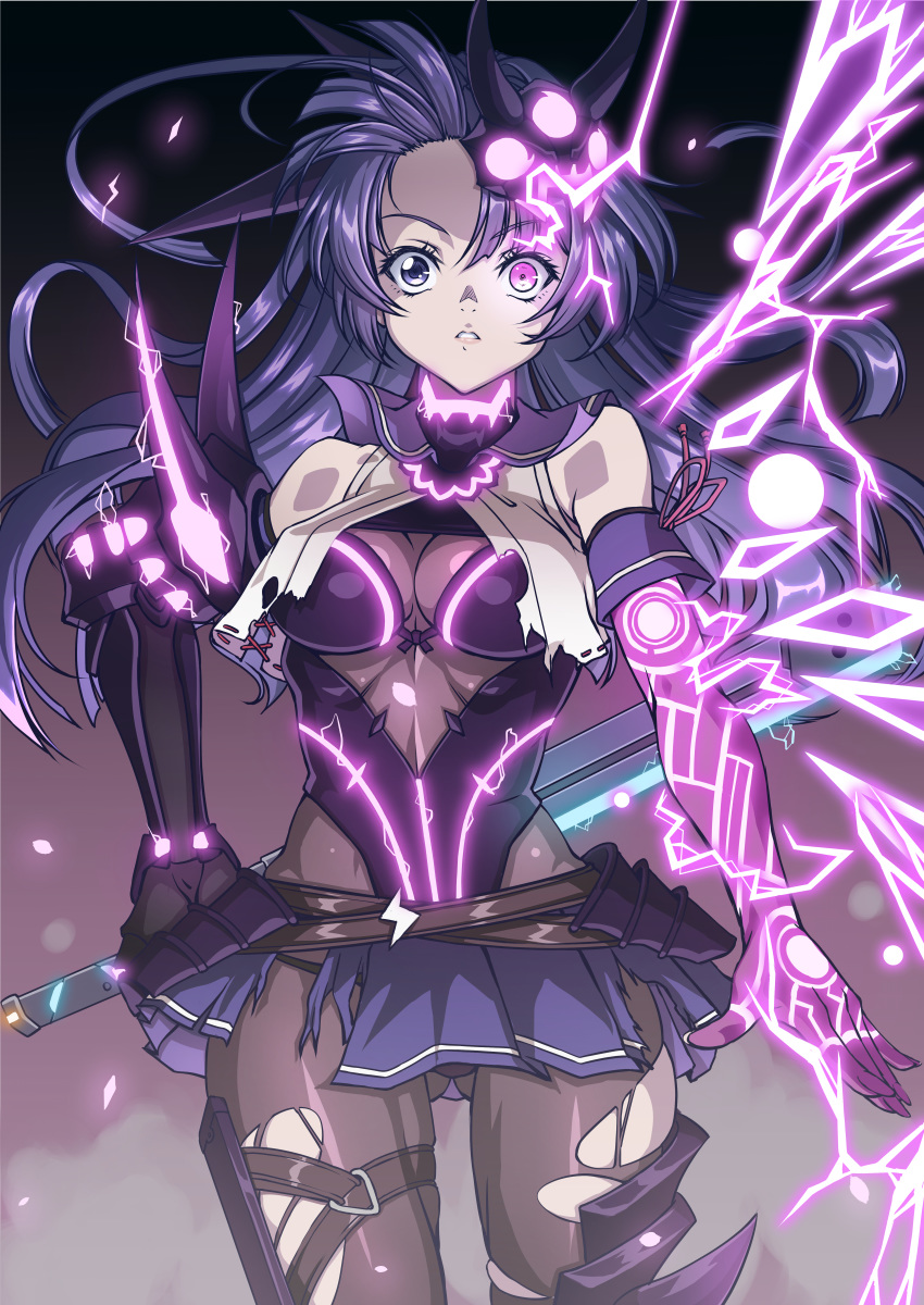 1girl absurdres armor bare_shoulders breasts cleavage commentary_request dust dust_cloud elbow_gloves electricity eyebrows_visible_through_hair fingernails gloves glowing glowing_tattoo hair_between_eyes heterochromia highres holding holding_sword holding_weapon honkai_(series) honkai_impact_3rd huge_filesize long_hair magatama mask mask_on_head parted_lips partial_commentary pink_eyes purple_eyes purple_gloves purple_hair raiden_mei raiden_mei_(lightning_empress) shunzou solo sword tattoo thigh_strap torn torn_clothes torn_legwear weapon wide-eyed