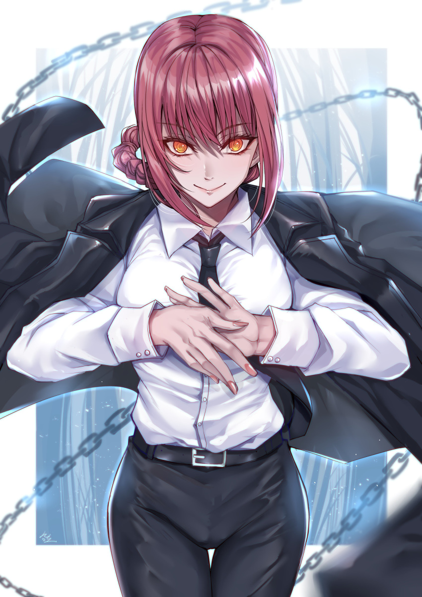 1girl absurdres bangs belt black_jacket black_neckwear black_pants braid braided_ponytail breasts brown_hair business_suit chain chainsaw_man collared_shirt eyebrows_visible_through_hair fingernails formal gu_li hand_gesture hands_together highres jacket jacket_removed light_smile long_hair long_sleeves looking_at_viewer makima_(chainsaw_man) medium_breasts necktie office_lady pants ringed_eyes shirt shirt_tucked_in smile solo suit white_shirt yellow_eyes