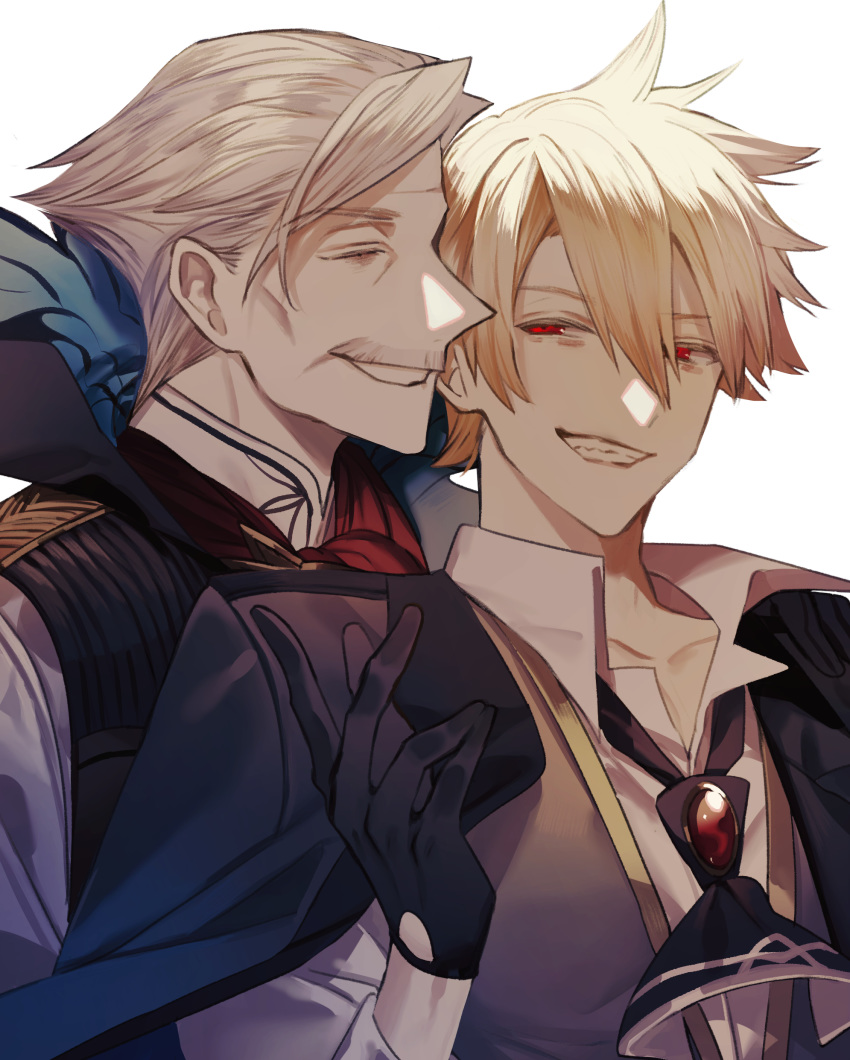 2boys absurdres albino_(a1b1n0623) arm_up bangs blonde_hair collarbone collared_shirt eyebrows_visible_through_hair facial_hair fate/grand_order fate/prototype fate/prototype:_fragments_of_blue_and_silver fate_(series) formal gloves gradient_hair grey_hair greyscale hair_between_eyes high_collar highres jacket jacket_on_shoulders james_moriarty_(fate/grand_order) jekyll_and_hyde_(fate) long_sleeves looking_at_another loose_necktie male_focus monochrome multicolored_hair multiple_boys mustache necktie no_eyewear open_clothes pointy_nose red_eyes shirt short_hair smile smirk suit untied vest white_background white_shirt