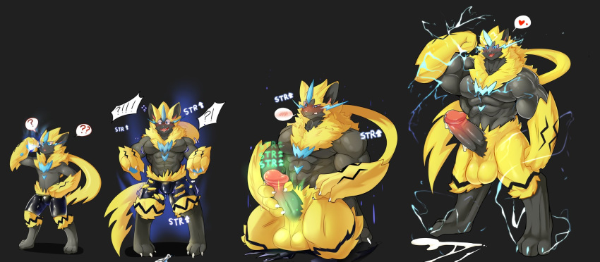 anthro balls biceps big_muscles blush bodily_fluids erection felid feline genital_fluids genitals growth hi_res huge_muscles legendary_pok&eacute;mon male mammal manyu1085 master masturbation muscle_growth muscular muscular_anthro muscular_male nintendo nude pecs penis pok&eacute;mon pok&eacute;mon_(species) solo video_games zeraora