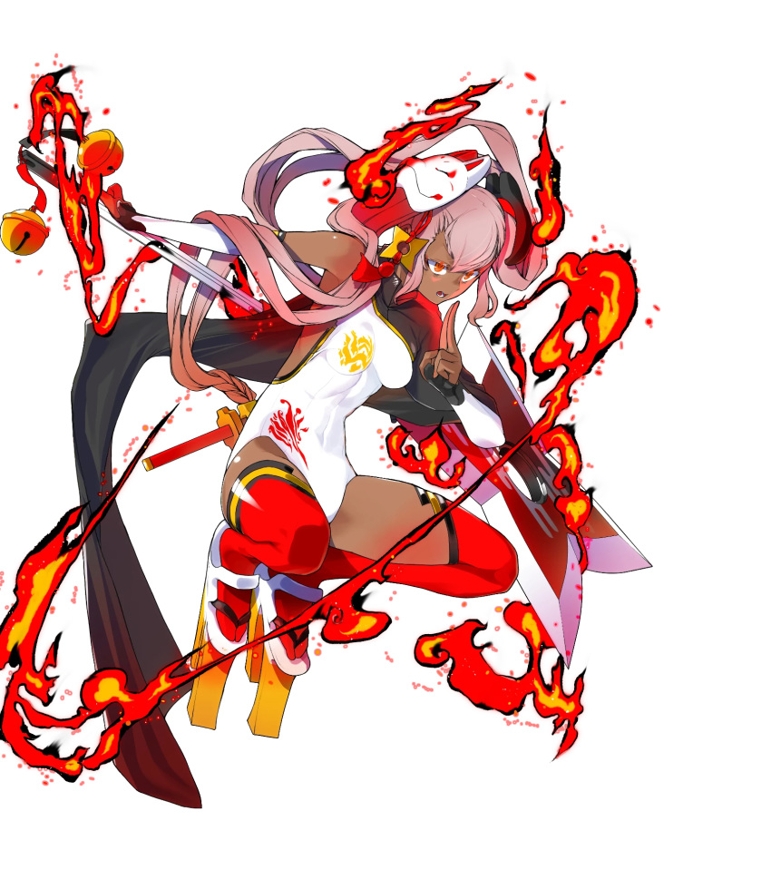 1girl breasts dark_skin fire_emblem fire_emblem_heroes gradient gradient_hair highres laevatein_(fire_emblem) leotard long_hair medium_breasts multicolored_hair official_art red_legwear sandals solo tied_hair transparent_background twintails two-tone_hair yasuda_suzuhito