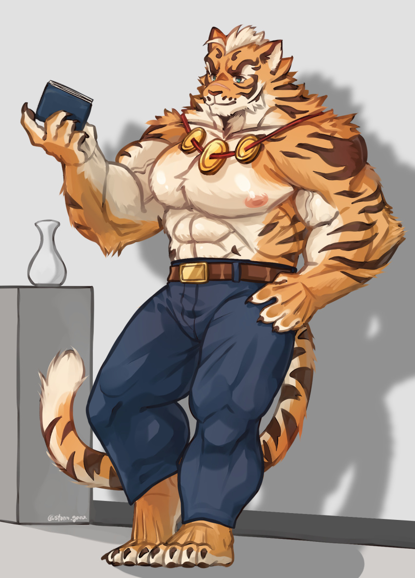 abs anthro belt blue_eyes bottomwear clothing digital_media_(artwork) felid feline fur hi_res lin_hu male mammal muscular muscular_anthro muscular_male nekojishi nipples pantherine pecs salga_0310 simple_background solo stripes tiger