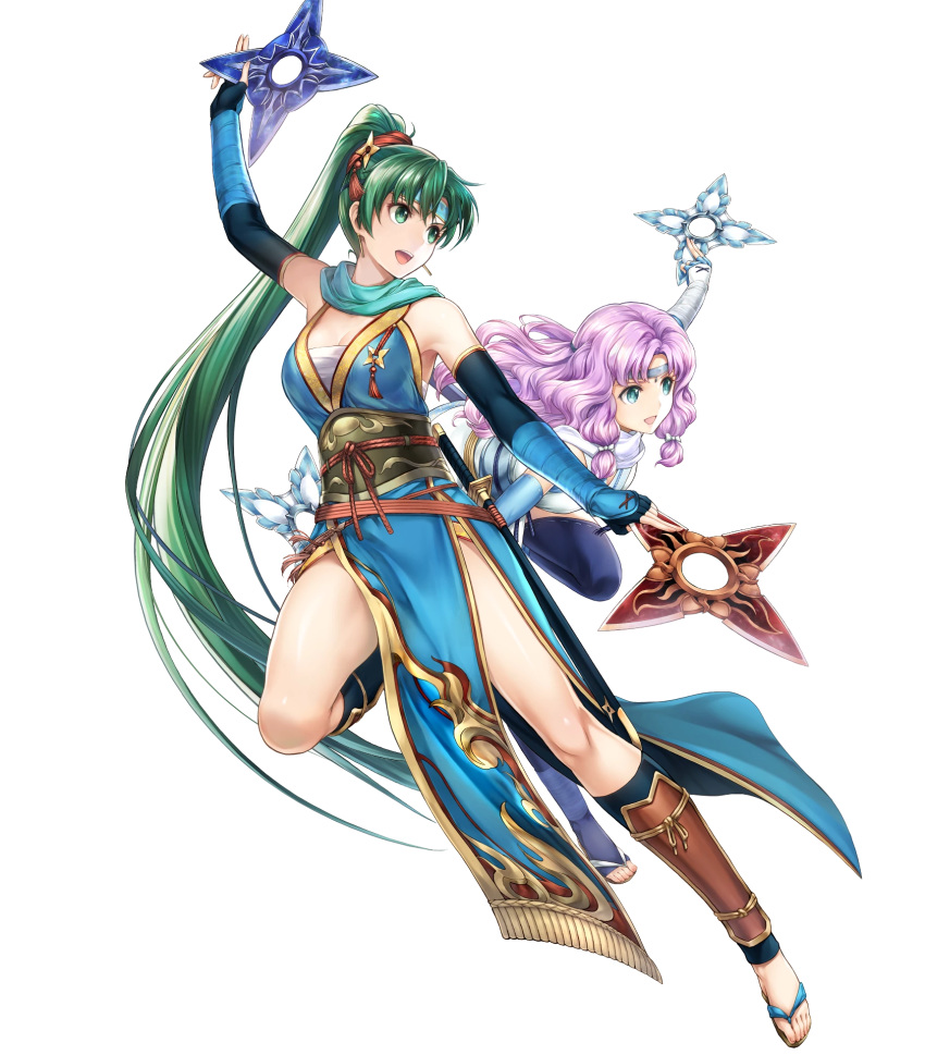 2girls bangs bare_shoulders breasts circlet dual_wielding earrings elbow_gloves fingerless_gloves fire_emblem fire_emblem:_the_blazing_blade fire_emblem_heroes florina_(fire_emblem) full_body gloves green_eyes green_hair hair_ornament highres holding japanese_clothes jewelry leg_up long_hair looking_away lyn_(fire_emblem) medium_breasts multiple_girls ninja official_art open_mouth pelvic_curtain ponytail purple_hair sandals sheath sheathed sleeveless smile sword thighs tied_hair toes transparent_background weapon yamada_koutarou