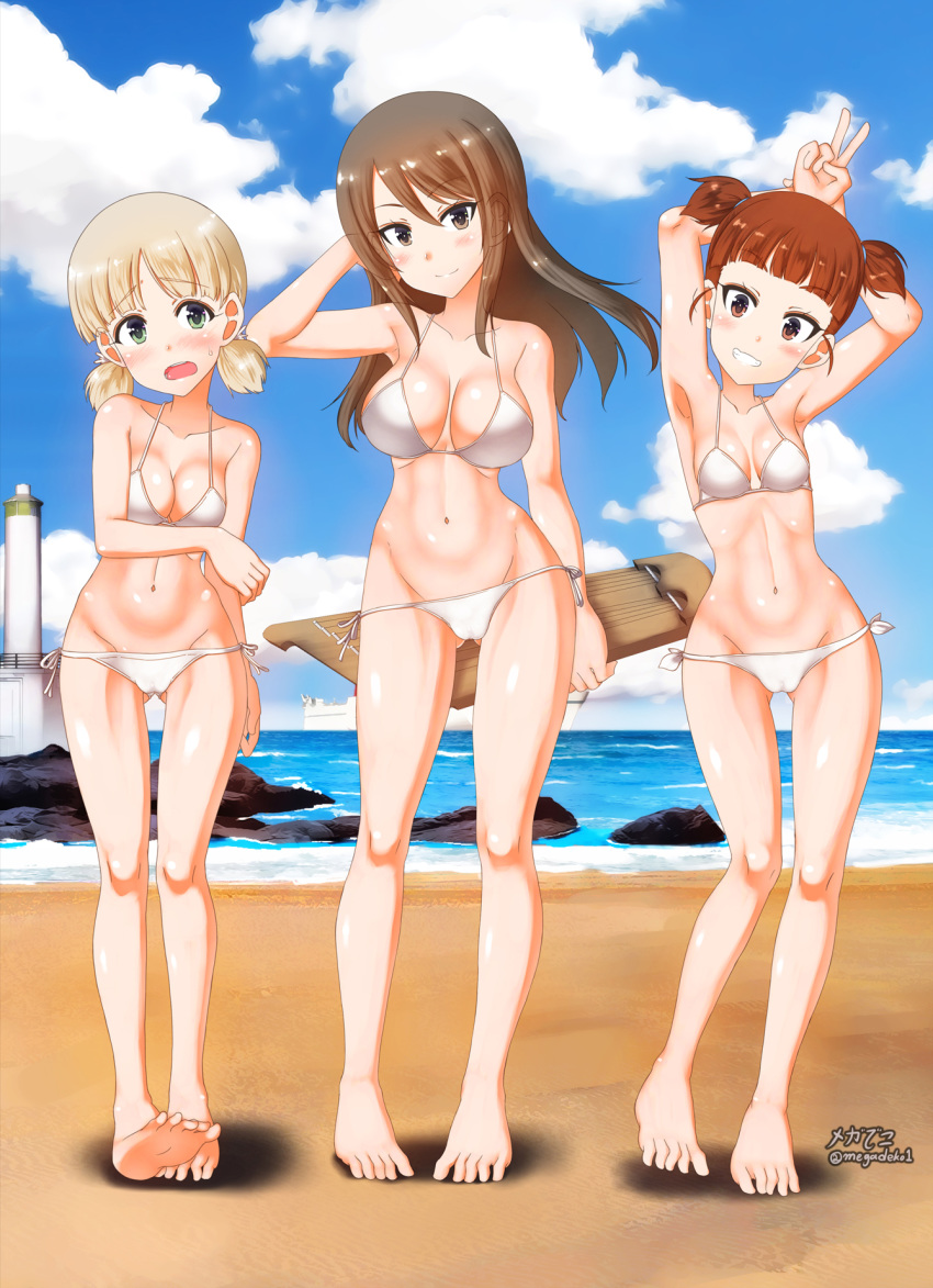 3girls aki_(girls_und_panzer) aquaegg armpits arms_behind_head arms_up artist_name ass_visible_through_thighs bangs barefoot beach bikini blue_sky blunt_bangs blush breasts brown_eyes brown_hair closed_mouth cloud cloudy_sky commentary_request day ears_visible_through_hair eyebrows_visible_through_hair ferry_(ship) frown girls_und_panzer grabbing_own_arm green_eyes grin groin hair_tie hand_in_hair heel_up highres holding holding_instrument instrument kantele large_breasts light_brown_hair lighthouse long_hair looking_at_viewer low_twintails lowleg lowleg_bikini medium_breasts mika_(girls_und_panzer) mikko_(girls_und_panzer) multiple_girls navel no_hat no_headwear ocean outdoors partial_commentary red_eyes red_hair rock shadow ship short_hair short_twintails side-tie_bikini signature sky small_breasts smile standing string_bikini sweatdrop swimsuit toes_up twintails twitter_username v watercraft white_bikini wind