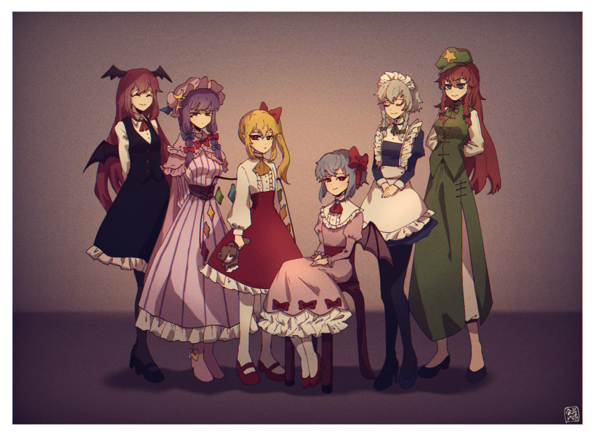 6+girls adapted_costume apron arms_behind_back bat_wings black_footwear black_legwear black_skirt black_vest blonde_hair blue_bow blue_dress blue_eyes blue_hair blue_ribbon bow bowtie braid broken capelet closed_eyes commentary crescent crescent_moon_pin crystal dress flandre_scarlet green_bow green_headwear green_neckwear green_skirt green_vest grey_hair hair_bow hat hat_ribbon head_wings high_heels highres hong_meiling indoors izayoi_sakuya juliet_sleeves koakuma long_hair long_sleeves looking_at_viewer maid_headdress mary_janes mob_cap multiple_girls neck_ribbon on_chair pants pantyhose patchouli_knowledge pink_dress pink_footwear pink_headwear puffy_sleeves purple_eyes purple_hair red_bow red_dress red_eyes red_footwear red_hair red_neckwear remilia_scarlet ribbon shirt shoes short_hair side_ponytail signature sitting skirt smile sokura_(mochichitose) standing star_(symbol) striped striped_dress stuffed_animal stuffed_toy stuffing teddy_bear touhou twin_braids vest white_legwear white_pants white_shirt wings yellow_bow yellow_neckwear