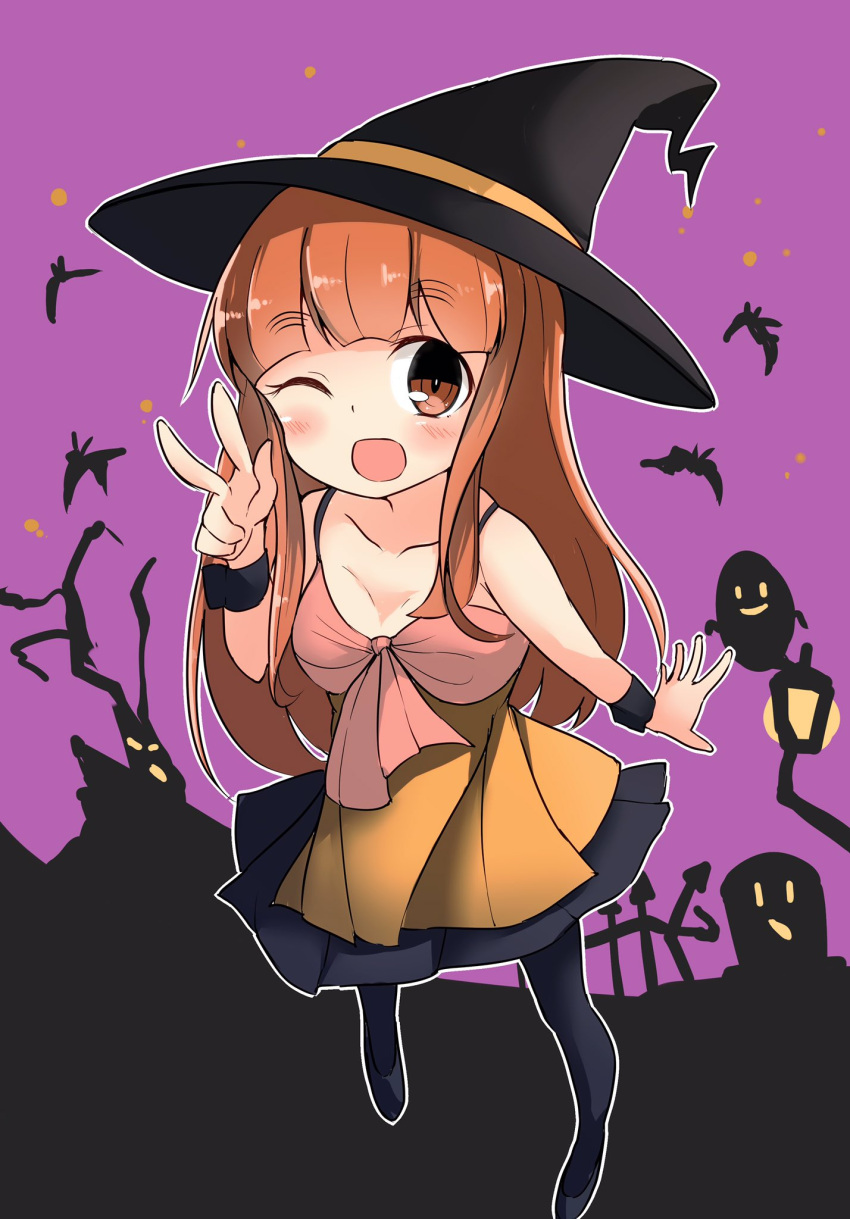 1girl ;d bangs barashiya bat black_dress black_footwear black_headwear black_legwear blunt_bangs commentary dress eyebrows_visible_through_hair ghost girls_und_panzer graveyard halloween halloween_costume hat highres long_hair looking_at_viewer medium_dress night night_sky one_eye_closed open_mouth orange_eyes orange_hair outdoors outline pantyhose purple_sky shoes sky smile solo spaghetti_strap standing takebe_saori tombstone v white_outline witch_hat wrist_cuffs