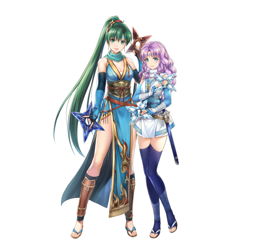 2girls absurdres bangs bare_shoulders blue_legwear breasts circlet cleavage commentary_request dual_wielding earrings elbow_gloves fingerless_gloves fire_emblem fire_emblem:_the_blazing_blade fire_emblem_heroes florina_(fire_emblem) full_body gloves green_eyes green_hair hair_ornament highres holding holding_weapon japanese_clothes jewelry long_hair looking_at_viewer lyn_(fire_emblem) medium_breasts multiple_girls ninja official_art open_mouth pelvic_curtain ponytail purple_hair sandals sheath sheathed shiny shiny_hair shuriken shuriken_hair_ornament sleeveless smile sword thighhighs tied_hair toeless_legwear toes weapon white_background yamada_koutarou zettai_ryouiki