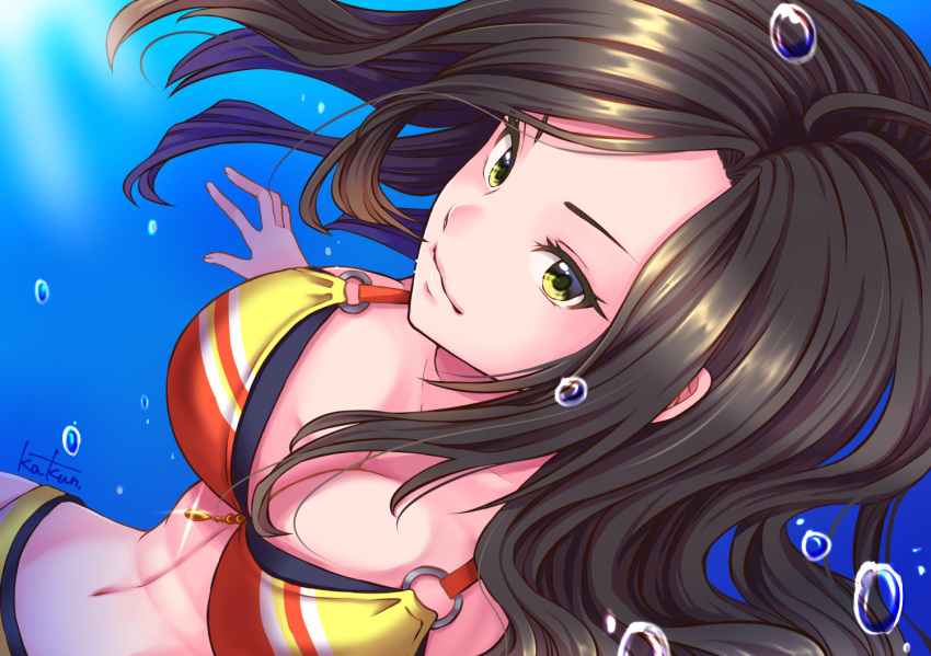 1girl air_bubble bikini breasts brown_hair bubble close-up freediving idolmaster idolmaster_cinderella_girls large_breasts long_hair looking_at_viewer mg1b20 mukai_takumi multicolored multicolored_bikini multicolored_clothes smile swimming swimsuit underwater yellow_eyes