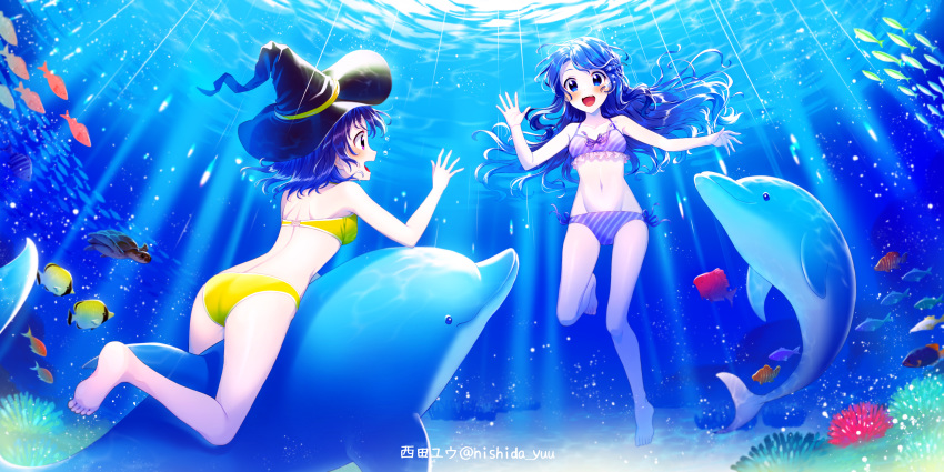 2girls air_bubble barefoot bikini blue_eyes blue_hair blush breath bubble commission coral dolphin fish freediving happy hat highres light_rays long_hair multiple_girls nishida_yuu ocean ocean_bottom official_art original purple_hair school_of_fish short_hair smile striped striped_bikini sunlight swimming swimsuit underwater waving witch witch_hat yellow_bikini