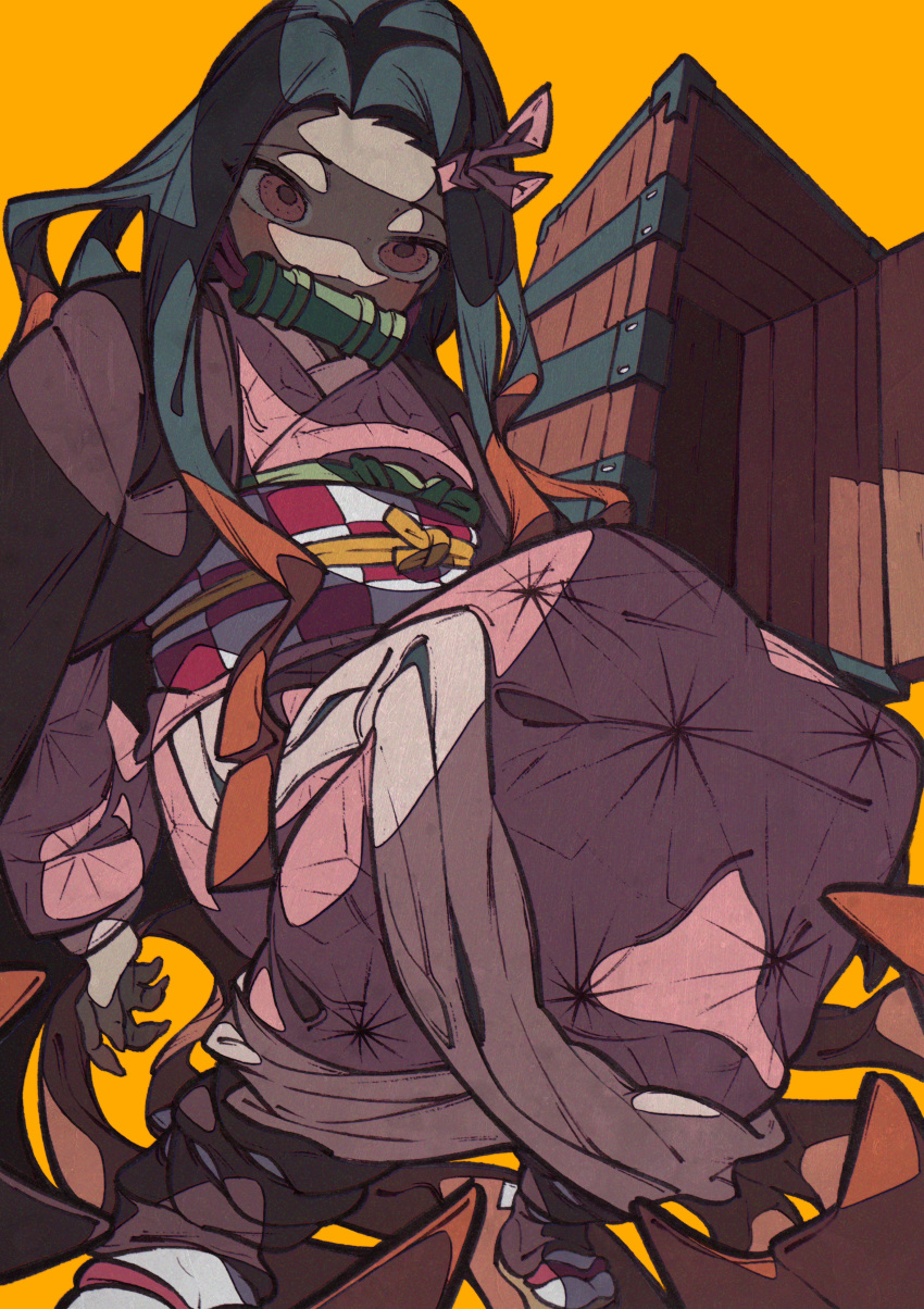 1girl absurdres bamboo bit_gag black_hair checkered eyebrows_visible_through_hair eyes_visible_through_hair gag geta hair_ribbon haori highres huge_filesize japanese_clothes kamado_nezuko kimetsu_no_yaiba kimono long_hair long_sleeves obi orange_background pink_eyes pink_kimono pink_ribbon ribbon sash simple_background solo tabi very_long_hair white_legwear yaya_hiyayaka