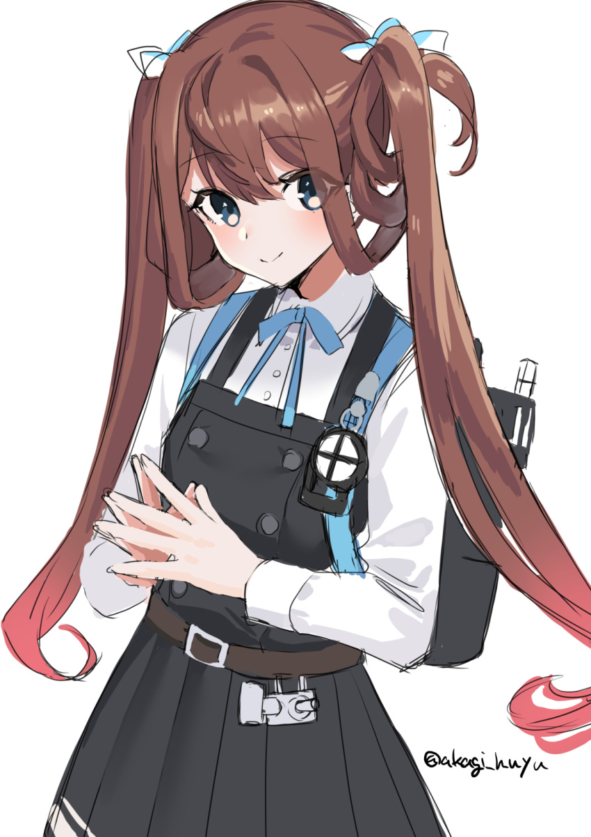 1girl asagumo_(kantai_collection) blue_neckwear brown_hair commentary_request cowboy_shot dress fingers_together hair_ribbon highres kantai_collection long_hair looking_at_viewer machinery mizuki_eiru_(akagi_kurage) neck_ribbon original_remodel_(kantai_collection) pinafore_dress ribbon searchlight shirt silver_eyes simple_background solo twintails twitter_username white_background white_shirt