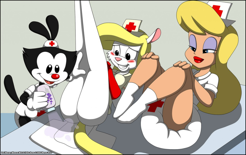 animaniacs anthro black_body black_eyes black_fur blonde_hair blue_eyes blush clothing cross diaper dot_warner female female/female footwear fur gloves grin group hair half-closed_eyes handwear hello_nurse human humanoid lavender_(flower) lipstick makeup mammal minerva_mink narrowed_eyes nurse nurse_uniform pink_body pink_nose red_gloves red_nose smile socks tagme uniform verona7881 verona_(artist) warner_brothers