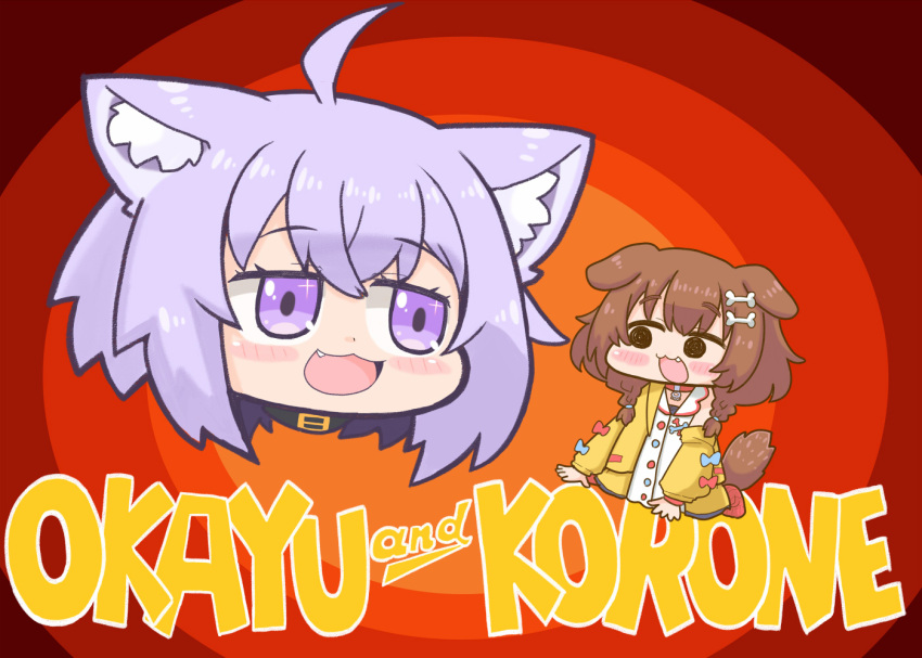 2girls :3 animal_collar animal_ears bone_hair_ornament braid brown_hair cat_ears cat_girl collar dog_ears dog_girl dog_tail fang hair_ornament hololive inugami_korone jacket matarou_(matarou072) multiple_girls nekomata_okayu parody purple_eyes purple_hair tail tom_and_jerry twin_braids virtual_youtuber wristband yellow_jacket