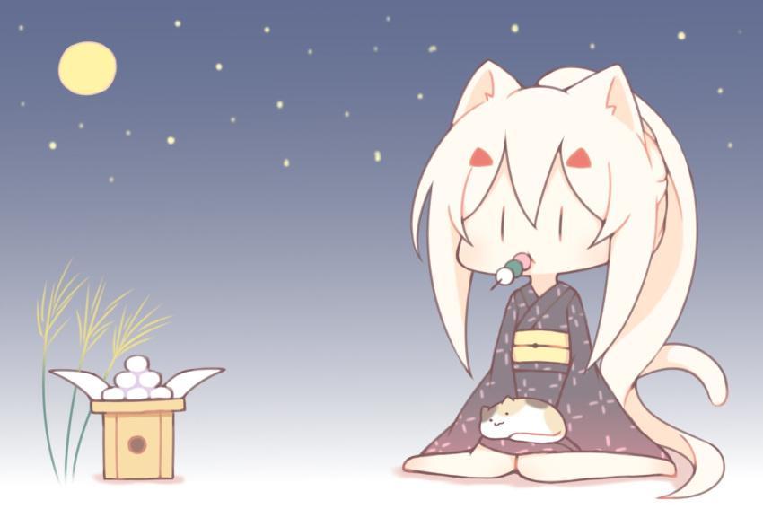 1girl animal animal_ear_fluff animal_ears animal_on_lap ayanami_(azur_lane) azur_lane bangs black_kimono cat cat_ears cat_girl cat_tail chibi dango food food_in_mouth full_moon hair_between_eyes hair_ornament hairclip japanese_clothes kemonomimi_mode kimono light_brown_hair long_hair long_sleeves moon mouth_hold obi ponytail sakurato_ototo_shizuku sanshoku_dango sash sidelocks solo tail very_long_hair wagashi wide_sleeves |_|