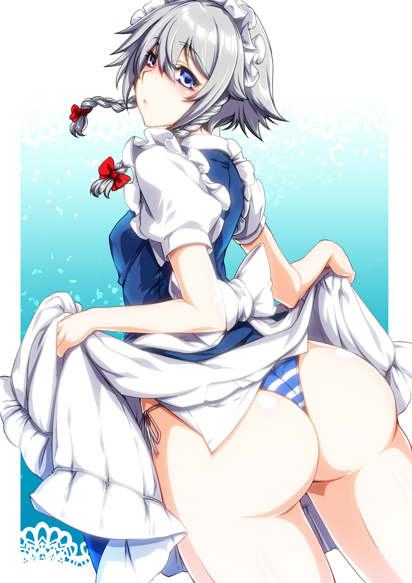 1girl apron ass blue_eyes bow braid dress dress_lift ebido frilled_apron frilled_skirt frills from_behind hair_bow highres izayoi_sakuya lifted_by_self looking_back maid maid_apron maid_headdress medium_hair panties puffy_short_sleeves puffy_sleeves short_sleeves silver_hair skirt solo striped striped_panties touhou twin_braids underwear