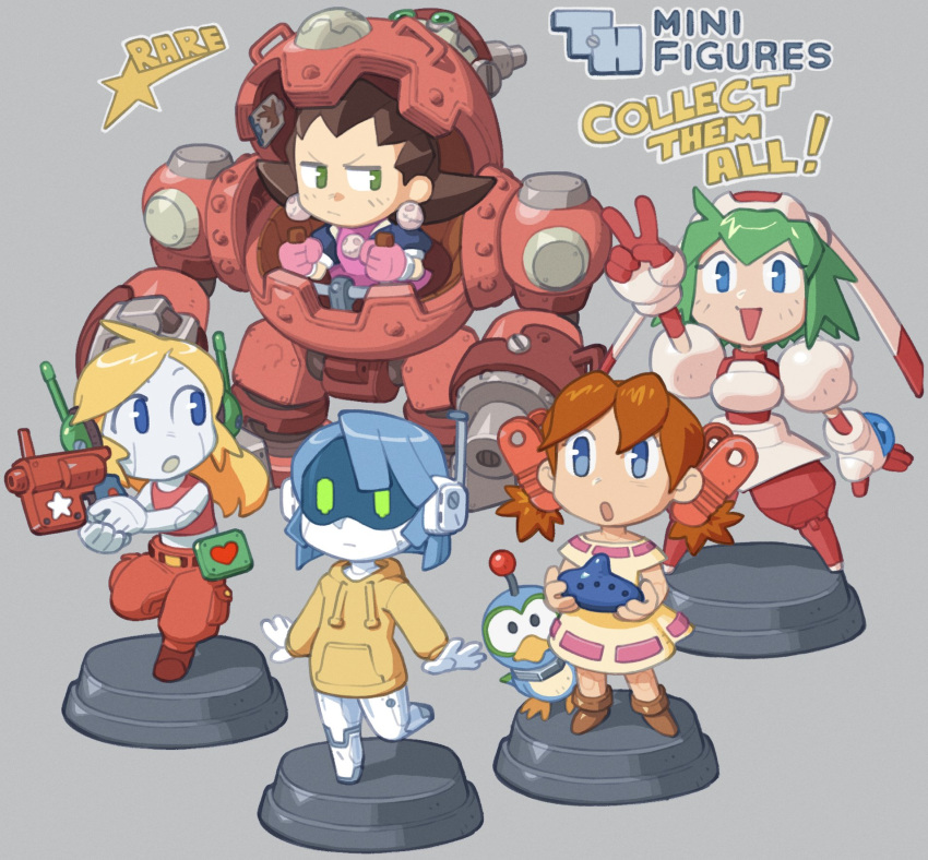 5girls :o android annoyed bird bird_(wonder_project) blonde_hair blue_hair brown_hair cameron_sewell character_request curly_brace doukutsu_monogatari english_commentary figure green_eyes green_hair gun highres holding holding_gun holding_weapon instrument josette joulie looking_to_the_side mecha multiple_girls ocarina open_mouth original pino_(wonder_project) radio_antenna robot rockman rockman_dash short_hair tron_bonne twintails v weapon wonder_project_j2