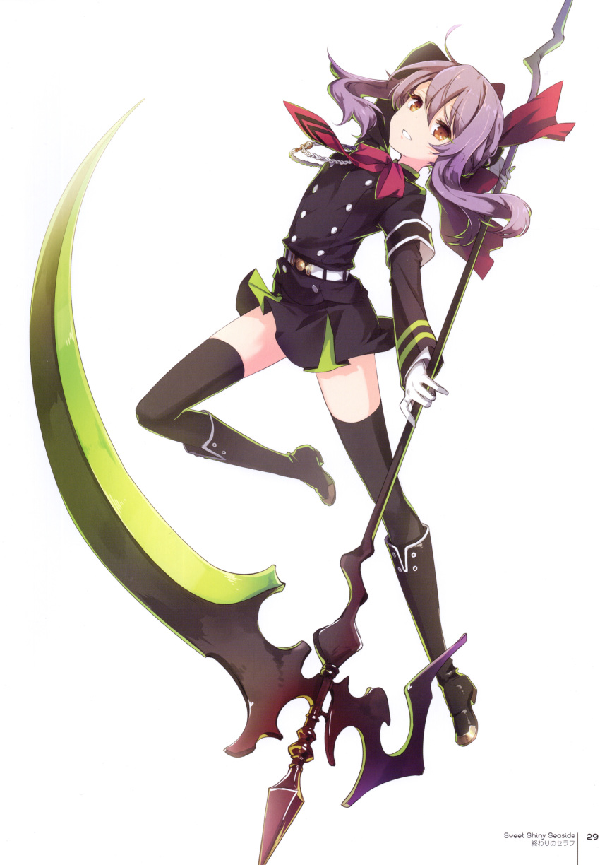 1girl absurdres black_legwear bow brown_eyes full_body gloves h2so4 hair_bow highres hiiragi_shinoa long_hair looking_at_viewer military military_uniform owari_no_seraph purple_hair scan scythe simple_background skirt smile solo thighhighs uniform white_background white_gloves zettai_ryouiki