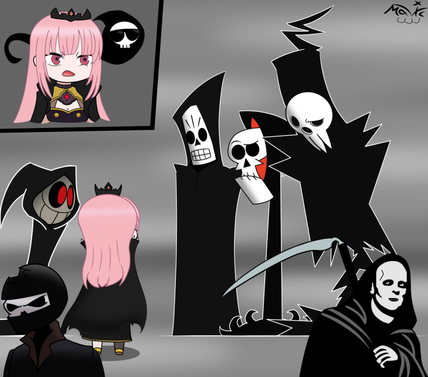 1girl 6+boys annoyed black_eyes breasts character_request cleavage copyright_request crossover death-sensei_(mori_calliope) death_(entity) grim_(grim_adventures) grim_fandango highres hololive hololive_english looking_down manuel_calavera maverick_(infamousnoir) mori_calliope mr._grimm multiple_boys multiple_crossover pink_eyes pink_hair red_eyes shinigami_sama soul_eater the_grim_adventures_of_billy_&amp;_mandy the_seventh_seal trait_connection twisted_metal virtual_youtuber