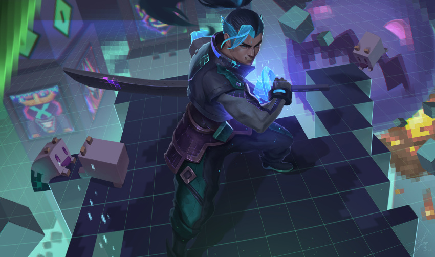 1boy absurdres armor black_hair blue_eyes blue_hair brand_(league_of_legends) clenched_teeth cube dated facial_scar haoyufeng highres holding holding_sheath holding_sword holding_weapon katana league_of_legends long_hair male_focus malzahar multicolored multicolored_hair muscle pixelated ponytail poro_(league_of_legends) scar sheath sheathed signature solo_focus standing sword tears teeth weapon yasuo_(league_of_legends) ziggs