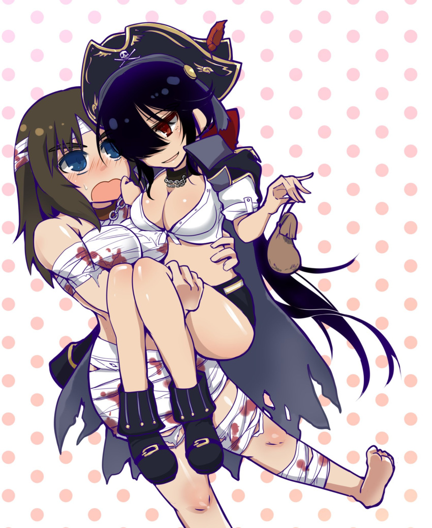 2girls bandaged_arm bandaged_head bandaged_leg bandages bangs barefoot bicorne black_choker black_coat black_eyes black_footwear black_hair black_headwear black_skirt blood bloody_clothes blush boots bow breasts carrying chain choker cleavage coat coat_on_shoulders coin_purse collar commentary crocroxxx dark_skin dog_collar frown girls_und_panzer hair_bow hair_over_one_eye halloween halloween_costume hat hat_feather highres holding leaning_back leash long_hair looking_at_another medium_breasts microskirt multiple_girls mummy_costume murakami_(girls_und_panzer) ogin_(girls_und_panzer) open_mouth parted_lips pirate pirate_hat polka_dot polka_dot_background ponytail princess_carry red_bow red_eyes shirt short_sleeves skirt skull_and_crossbones smile standing sweatdrop tied_shirt white_shirt yuri