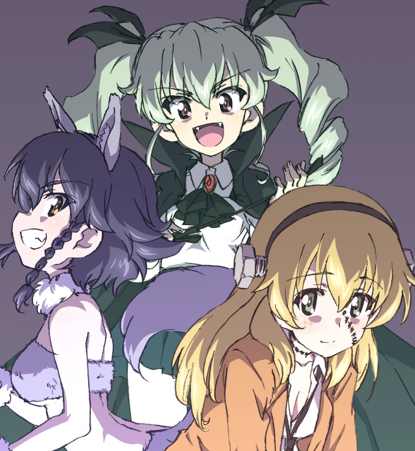 3girls anchovy_(girls_und_panzer) animal_ears ascot back bangs bikini black_background black_cape black_hair black_neckwear black_ribbon black_skirt blazer blonde_hair braid breasts brooch cape carpaccio_(girls_und_panzer) cleavage collar commentary cosplay dress_shirt drill_hair erakin eyebrows_visible_through_hair fake_animal_ears fake_tail fangs frankenstein's_monster frankenstein's_monster_(cosplay) fur-trimmed_gloves fur_bikini fur_collar fur_trim girls_und_panzer gloves green_eyes green_hair grey_bikini grin hair_ribbon halloween halloween_costume head_screw highres holding jacket jewelry leaning_forward long_hair looking_at_viewer loose_necktie medium_breasts miniskirt multiple_girls necktie open_mouth orange_jacket pantyhose pepperoni_(girls_und_panzer) pleated_skirt red_eyes ribbon riding_crop sharp_teeth shirt short_hair side_braid simple_background skirt smile stitches swimsuit tail teeth twin_drills twintails vampire_costume werewolf white_collar white_legwear white_shirt wing_collar wolf_ears wolf_tail