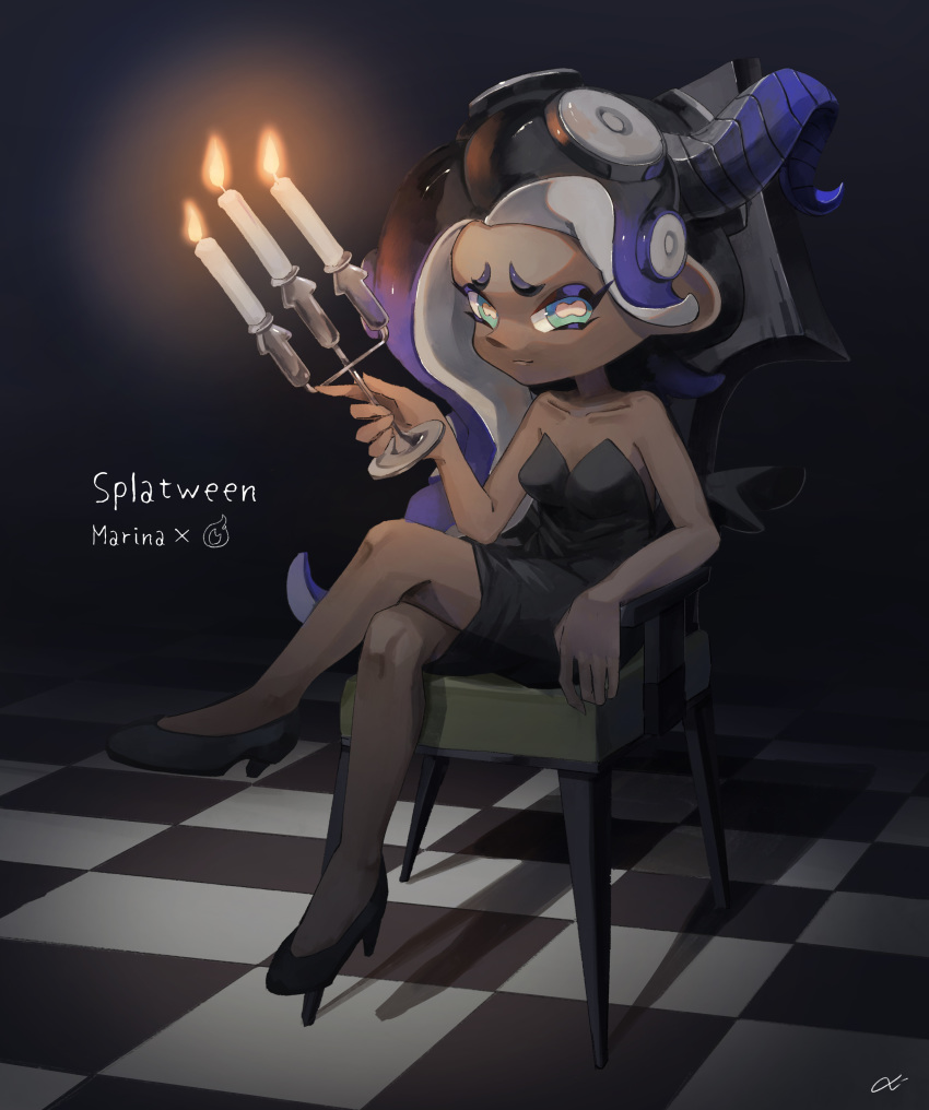 1girl absurdres anko2552 artist_name black_dress black_footwear candle candlestand cephalopod_eyes chair character_name checkered checkered_floor closed_mouth commentary dark_skin dress english_text green_eyes halloween high_heels highres holding iida_(splatoon) light_smile long_hair looking_at_viewer makeup mascara mole mole_under_mouth pink_pupils shadow short_dress signature sitting solo splatoon_(series) strapless strapless_dress suction_cups tentacle_hair