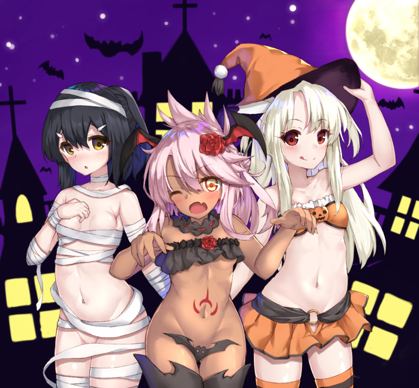 3girls bandages blush bra chloe_von_einzbern closed_mouth dark_skin fate/kaleid_liner_prisma_illya fate_(series) flower hair_flower hair_ornament halloween hat highres illyasviel_von_einzbern miniskirt miyu_edelfelt moon multiple_girls one_eye_closed open_mouth red_eyes skirt smile tattoo tongue tongue_out underwear witch_hat yellow_eyes yuuki_nao_(pixiv10696483)