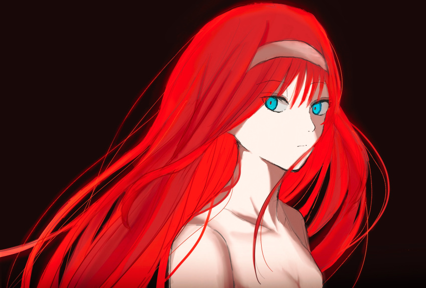 1girl black_background blue_eyes breasts cleavage collarbone expressionless highres long_hair looking_at_viewer nude pikaremon red_hair small_breasts solo tohno_akiha tsukihime upper_body vermillion_akiha