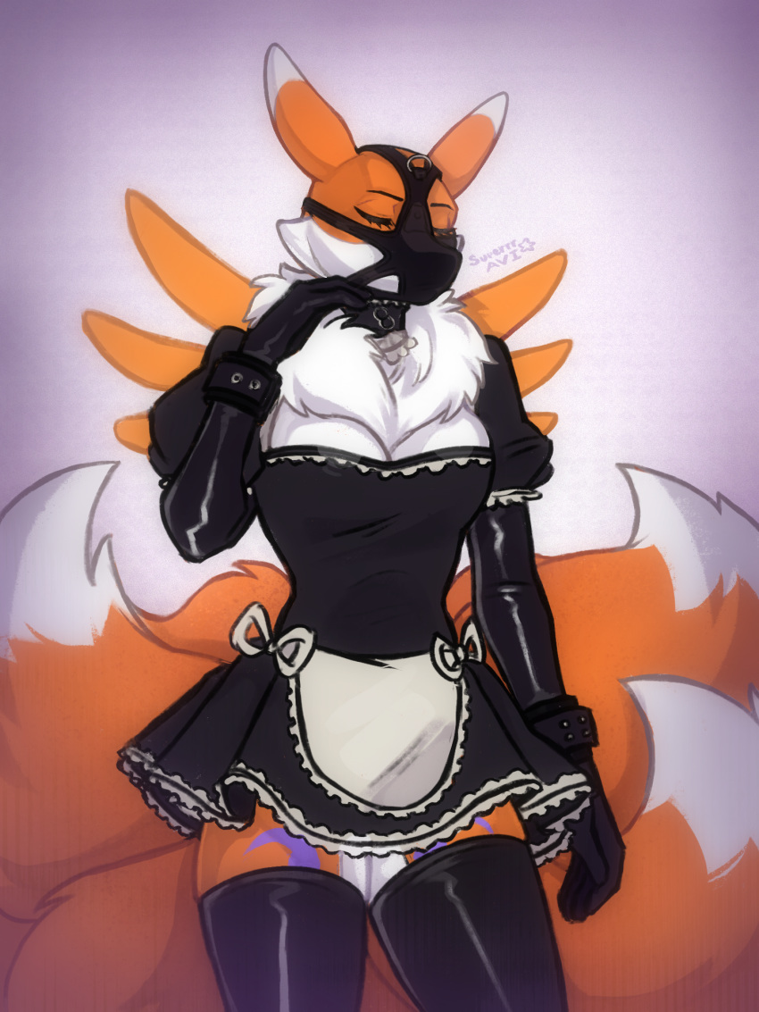 anthro bdsm bondage bottomwear bound canid canine clothing collar digimon digimon_(species) female fox gloves handwear hi_res kohaku_sunwalker legwear maid_uniform mammal multi_tail muzzle_(disambiguation) renamon rubber skirt solo stockings superrravi uniform