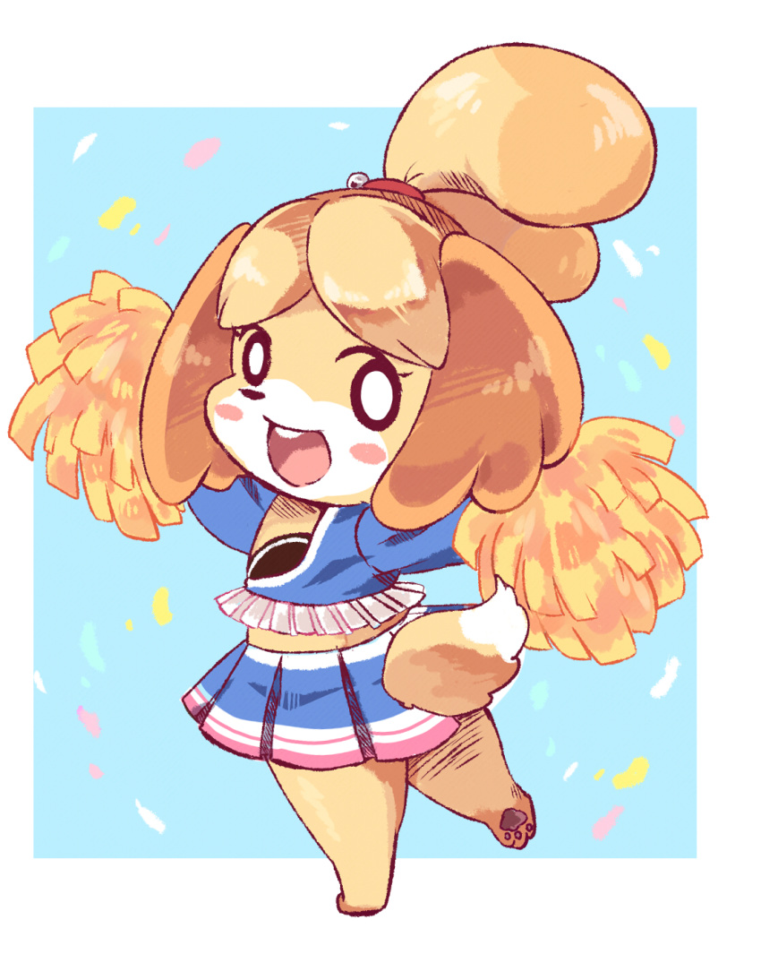 1girl :d animal_ears animal_nose blonde_hair blush_stickers cheerleader commentary_request dog dog_ears dog_girl dog_tail doubutsu_no_mori full_body furry happy highres hnzk_aroma looking_at_viewer medium_hair open_mouth pawpads pom_poms shizue_(doubutsu_no_mori) simple_background smile solo standing standing_on_one_leg tail topknot white_background white_fur yellow_fur yellow_pom_poms