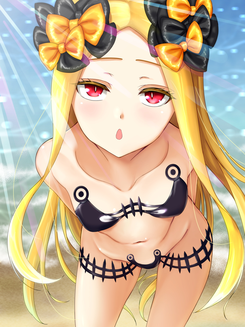 1girl abigail_williams_(fate/grand_order) abigail_williams_(swimsuit_foreigner)_(fate) absurdres bangs bare_shoulders beach bikini black_bikini black_bow blonde_hair blush bow breasts collarbone fate/grand_order fate_(series) forehead highres leaning_forward long_hair looking_at_viewer manu_lee multiple_bows navel open_mouth orange_bow parted_bangs red_eyes shore sidelocks small_breasts swimsuit thighs very_long_hair