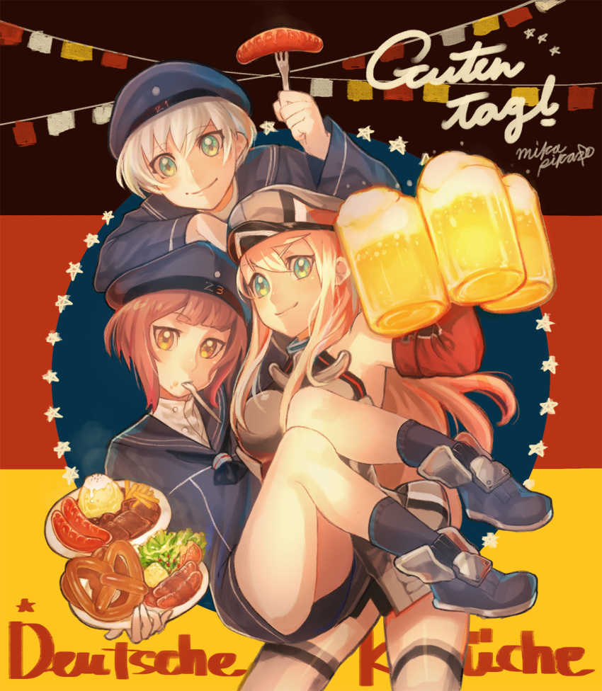 3girls alcohol beer bismarck_(kantai_collection) blonde_hair clothes_writing eating flag_background food fork french_fries german_flag german_text green_eyes hat highres hot_dog kantai_collection long_hair long_sleeves mika_pikazo military military_hat military_uniform multiple_girls plate pretzel red_hair short_hair silver_hair translated uniform yellow_eyes z1_leberecht_maass_(kantai_collection) z3_max_schultz_(kantai_collection)