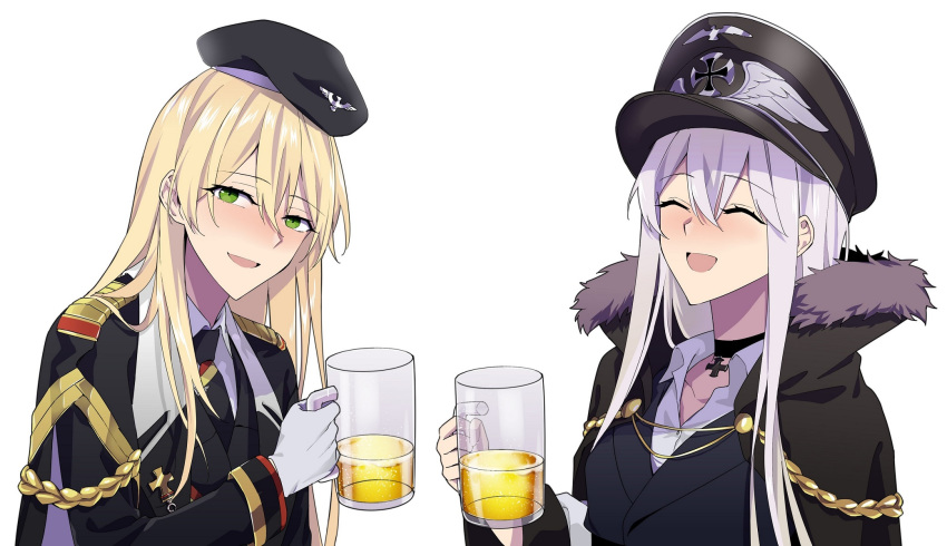 2girls beer_mug black_neckwear blonde_hair blush closed_eyes cross cross_necklace cup drink eyebrows_visible_through_hair fur_collar fur_trim girls_frontline gloves green_eyes hat highres holding holding_cup iron_cross jacket jewelry kar98k_(girls_frontline) long_hair looking_at_viewer military military_hat military_uniform mug multiple_girls necklace necktie open_mouth silver_hair stg44_(girls_frontline) suprii uniform white_background white_gloves