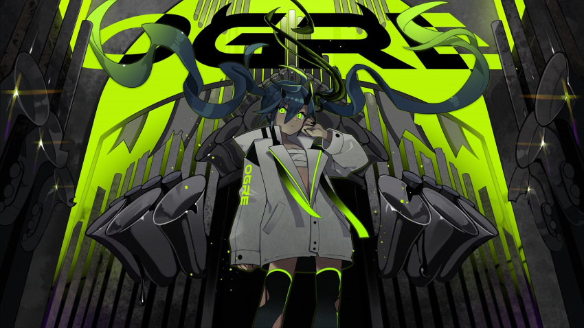 1girl bangs black_legwear black_nails blue_hair budget_sarashi closed_mouth commentary_request damaged eyebrows_visible_through_hair glowing glowing_eyes green_eyes hair_between_eyes hand_up hatsune_miku horns instrument instrument_request jacket long_sleeves looking_at_viewer nail_polish nou sarashi sleeves_past_wrists solo standing thighhighs torn_clothes torn_legwear twintails vocaloid white_jacket