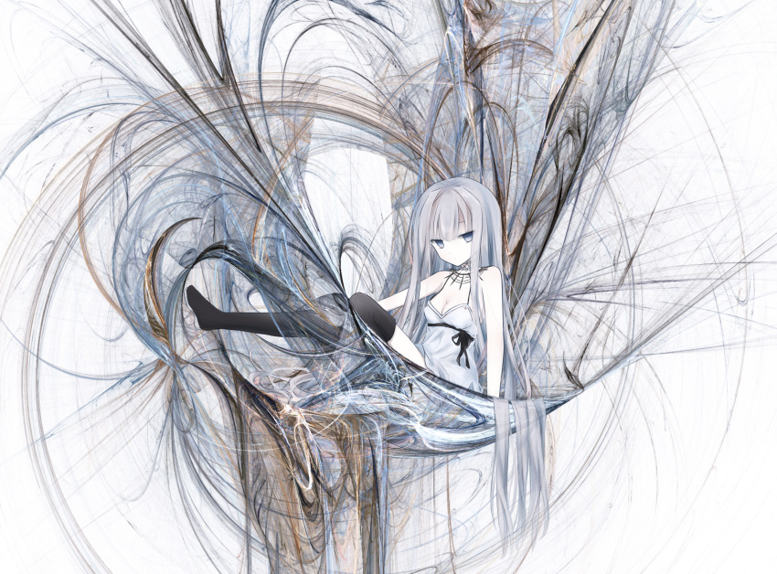 1girl black_legwear breasts cleavage fractal highres lesyef103 long_hair original spaghetti_strap thighhighs very_long_hair white_hair