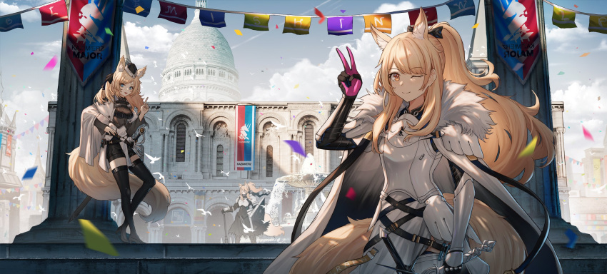 3girls aer7o animal_ear_fluff animal_ears arknights armor aunt_and_niece bangs black_headwear black_legwear blemishine_(arknights) blonde_hair blue_eyes blush breastplate breasts cape eyebrows_visible_through_hair fur_trim gloves hair_between_eyes hair_ribbon hand_up hat headset highres holding holding_sword holding_weapon large_breasts long_hair long_sleeves looking_at_viewer multiple_girls nearl_(arknights) open_mouth pauldrons ponytail ribbon shoulder_armor siblings sidelocks sisters smile standing sword tail thighhighs thighs vambraces weapon whislash_(arknights) yellow_eyes