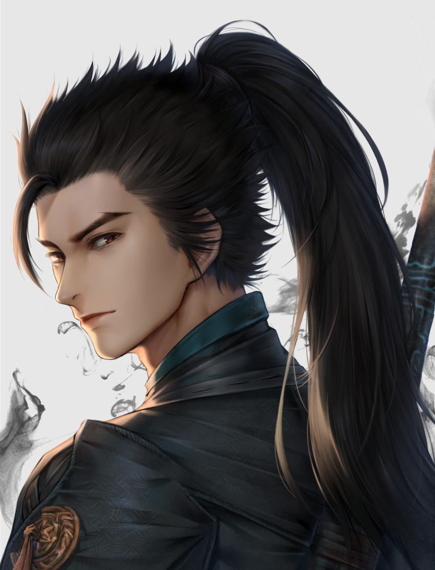 1boy absurdres brown_eyes brown_hair character_request choukoukou_no_diaosi closed_mouth commentary_request from_behind gu_jian_qi_tan hair_tie high_ponytail highres long_hair looking_at_viewer looking_back male_focus ponytail smile smoke solo weapon weapon_on_back