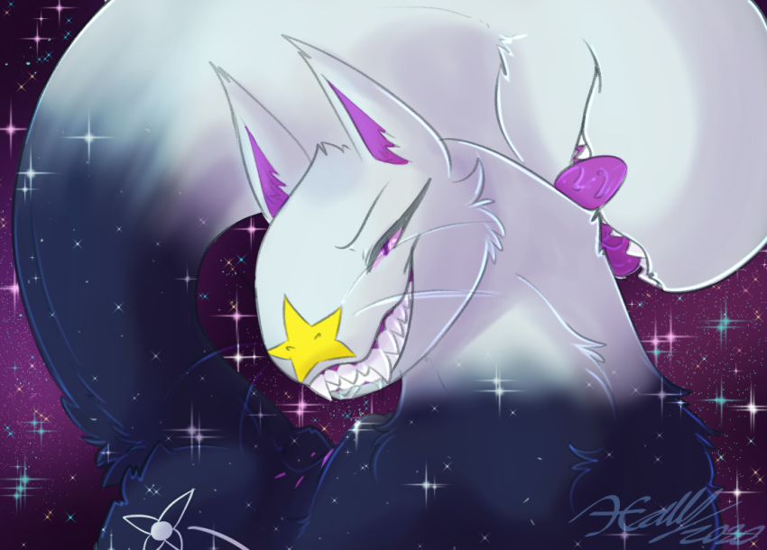 2020 consumstra_(cresce_zoroark) cosmic_fur dream_demon_(cresce_zoroark) female feral galaxy grin licking licking_lips purple_eyes purple_tongue sharp_teeth smile snarling solo tail_maw teeth tongue tongue_out xilrayne