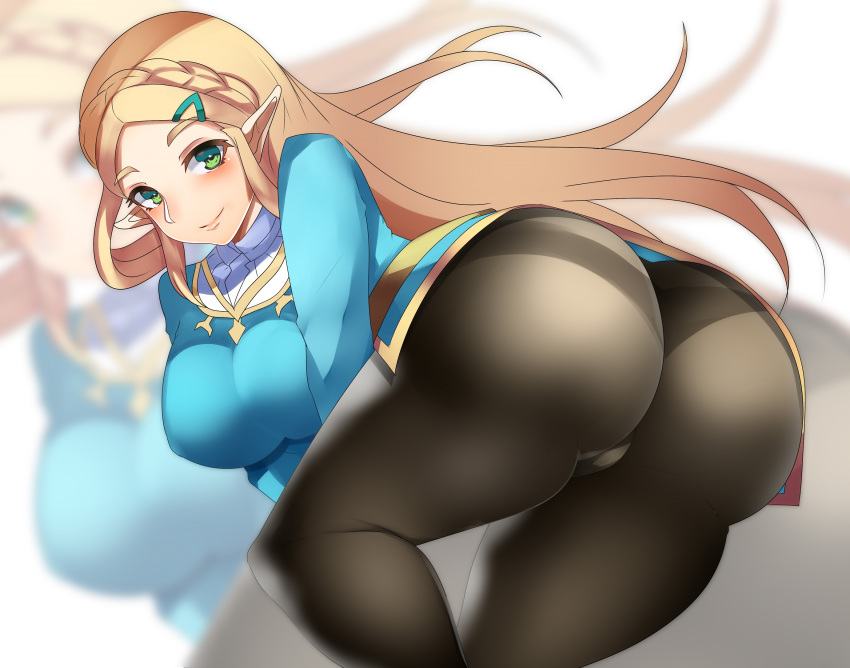 1girl ass bent_over blonde_hair breasts commentary green_eyes hair_ornament hairclip highres large_breasts long_hair looking_at_viewer pants pointy_ears princess_zelda smile solo tea_texiamato the_legend_of_zelda the_legend_of_zelda:_breath_of_the_wild thighs zoom_layer