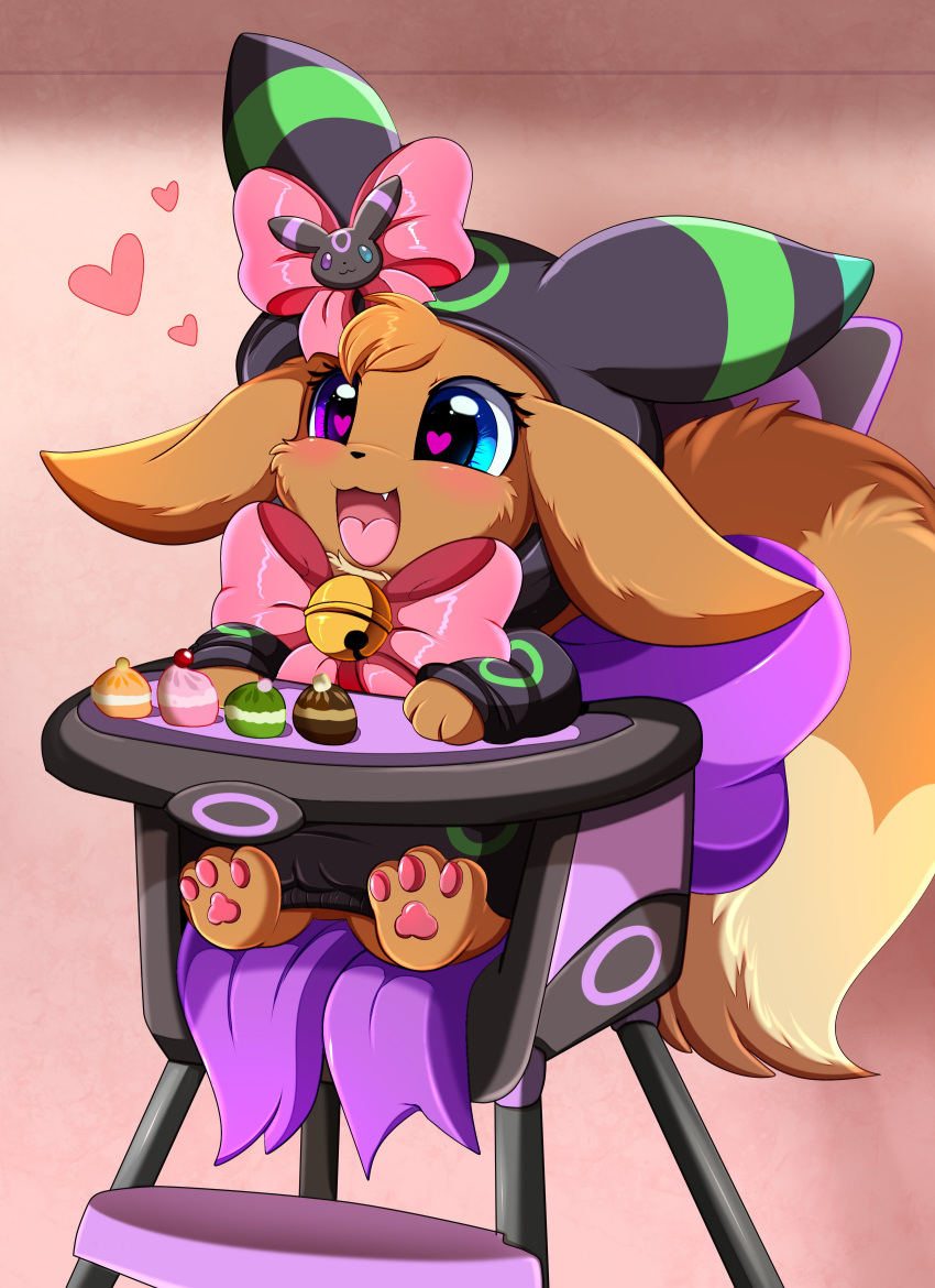 &lt;3 &lt;3_eyes absurd_res accessory bell blush bow_tie brown_body brown_fur chair clothing costume dipstick_tail eevee eeveelution fan_character female feral fluffy fluffy_tail food fur furniture hair_accessory hair_bow hair_ribbon happy heterochromia hi_res hoodie multicolored_tail nintendo open_mouth pawpads paws pok&eacute;mon pok&eacute;mon_(species) pridark ribbons simple_background sitting snaggle_tooth solo tail_bow tail_ribbon topwear umbreon video_games