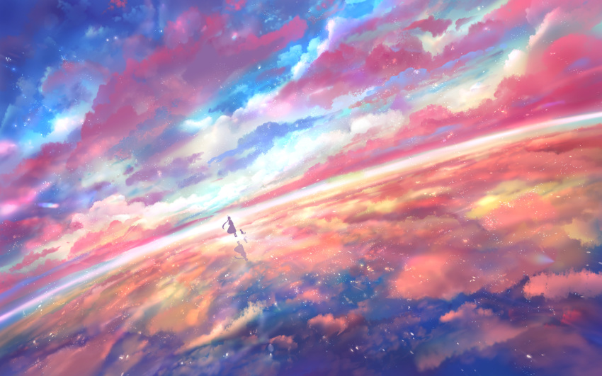 1girl ambiguous_gender cat cloud cloudy_sky commentary_request dress highres horizon long_hair original reflection sakimori_(hououbds) scenery silhouette sitting sky solo standing wide_shot